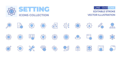 Setting icons collection. Line Duotone style, editable stroke. management, account, setting, settings, restore settings, target, development, agenda, goal, cogwheel, clock