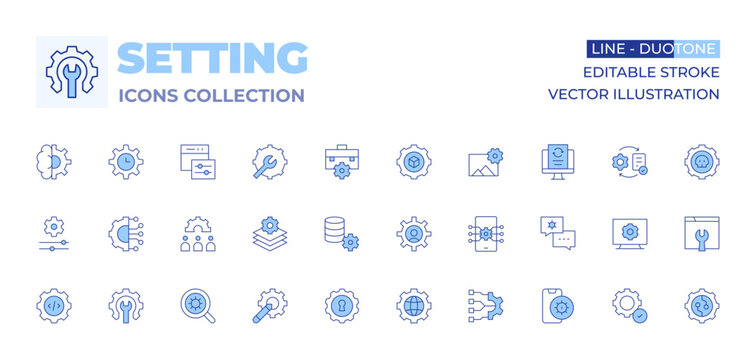 Setting icons collection. Line Duotone style, editable stroke. chat, easy installation, settings, system, connection, layers, data management, cogwheel, maintenance