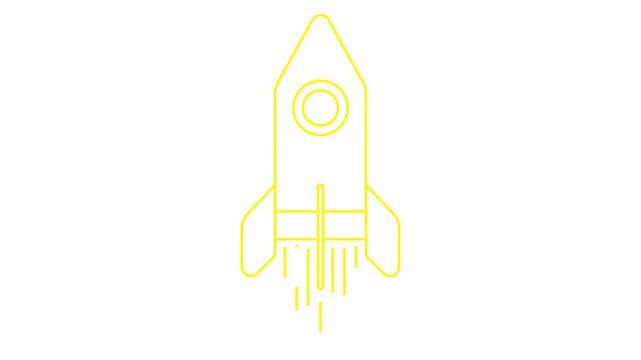 Animated yellow rocket flying fast. Linear symbol. Concept of startup, investment, progress, speed. Looped video. Line vector illustration isolated on white background.
