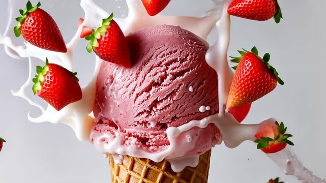 Delicious strawberry ice cream in  waffle cone with pieces  of berries and dynamic splash effect, perfect for advertisements, dessert promotions, and food-related projects
