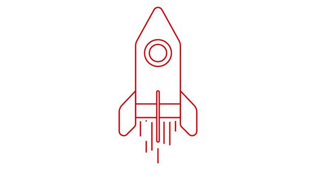 Animated red rocket flying fast. Linear symbol. Concept of startup, investment, progress, speed. Looped video. Line vector illustration isolated on white background.
