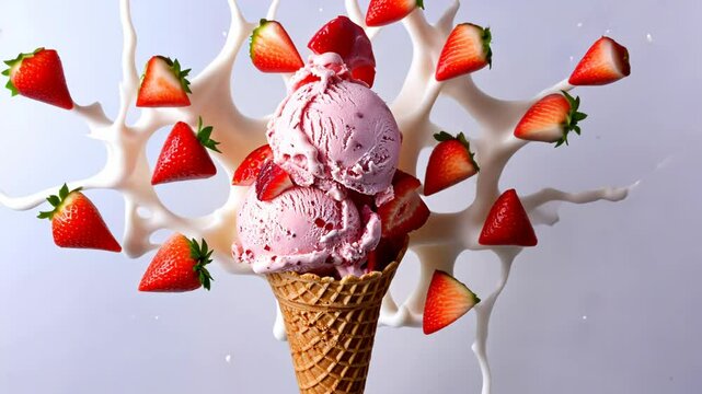 Delicious strawberry ice cream in  waffle cone with pieces  of berries and dynamic splash effect, perfect for advertisements, dessert promotions, and food-related projects
