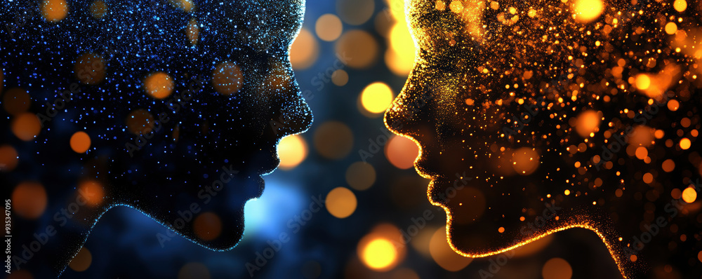 Poster two abstract faces in profile, one blue and one orange, surrounded by glowing particles, create sens