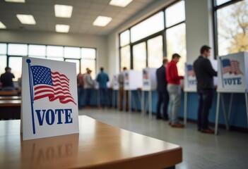 Fototapeta premium Citizens casting ballots during a local election in a polling station on a sunny day