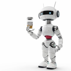 Robot nurse administering medication using a smart medical dispenser, isolated on a white background.