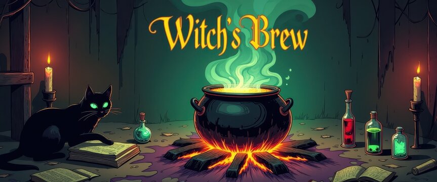 A mystical cauldron brews potions in a dark and enchanting witch's lair during a moonlit night