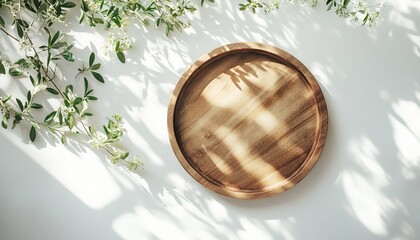 Fototapeta premium Wooden Tray on a White Background with Sunlit Greenery.