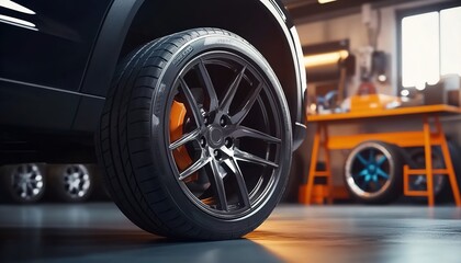 A close-up of the tire and wheel on an SUV, set against the backdrop of garage equipment like jacks and tires in bright orange and black colors. 