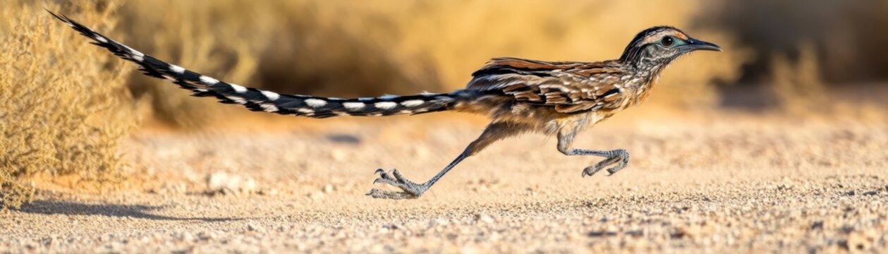 A swift road runner bird gracefully sprinting across a sandy landscape, showcasing its vibrant feathers and unique long tail.