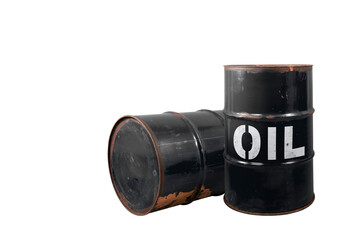 Barrel of oil. Rusty dangerous barrel with fuel or crude oil on isolated background