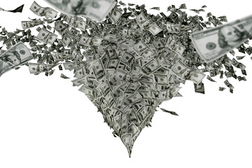 Money wallpaper background with US dollar bills tornado, whirlwind of dollars hurricane. Flying, levitating american cash. Typhoon of hundreds usd dollars banknotes