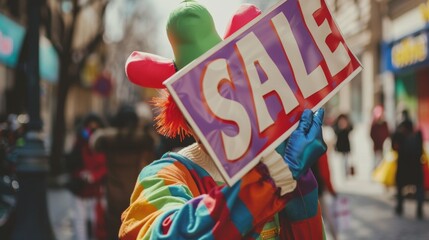 Clown Holding Sale Sign.