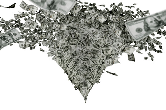 Money wallpaper background with US dollar bills tornado, whirlwind of dollars hurricane. Flying, levitating american cash. Typhoon of hundreds usd dollars banknotes