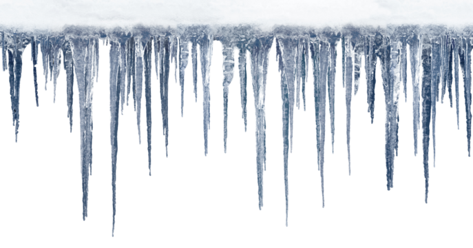 Long icicles on isolated background for overlaying on a dark background.