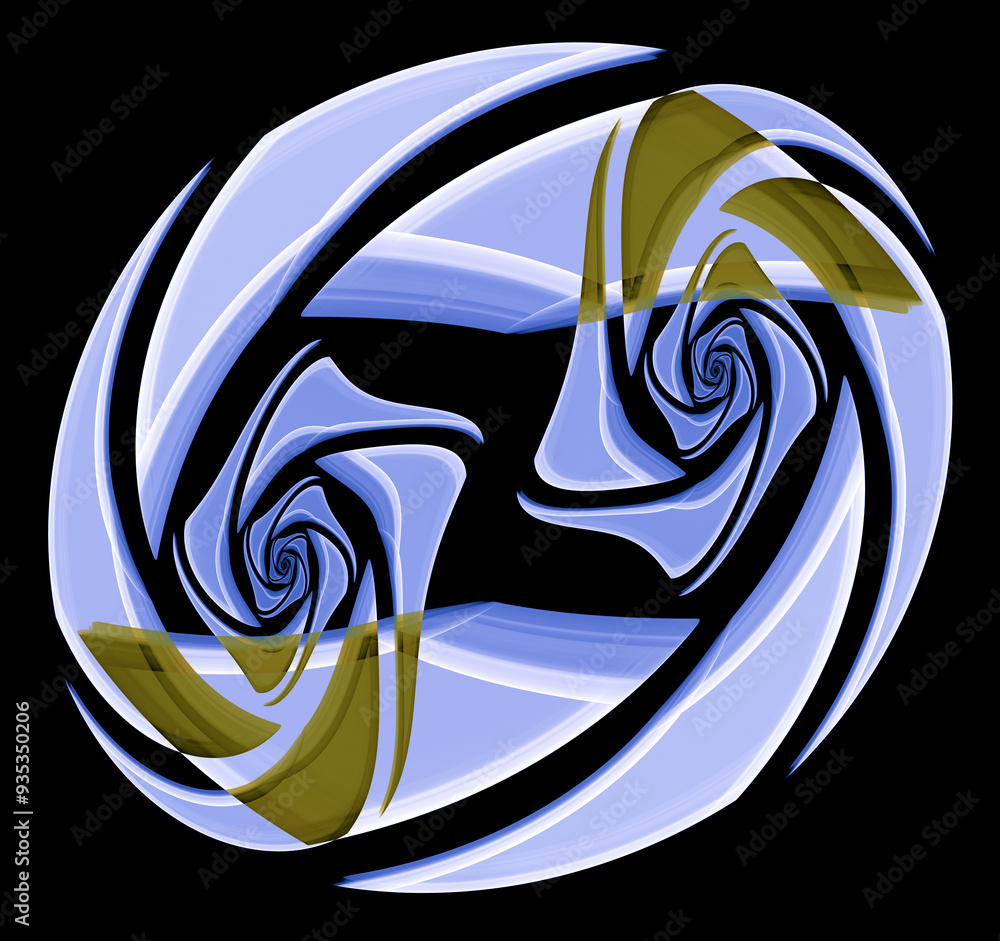 Aufkleber two graceful spirals, composed of dynamic fragments, overlap each other and rotate on a black backgr
