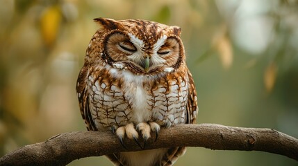 Fototapeta premium Fluffy owl with distinctive brown and white feathers, resting on a branch, offering a peaceful scene with room for copy