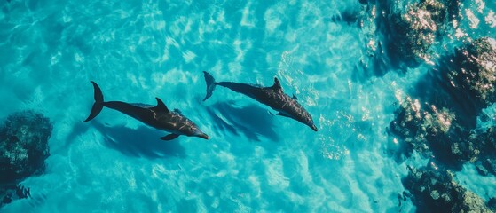 Obraz premium Two Dolphins Swimming in the Crystal Clear Ocean.