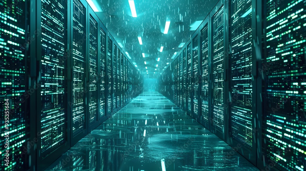Aufkleber a futuristic data center with server racks illuminated by blue lighting, showcasing advanced technol