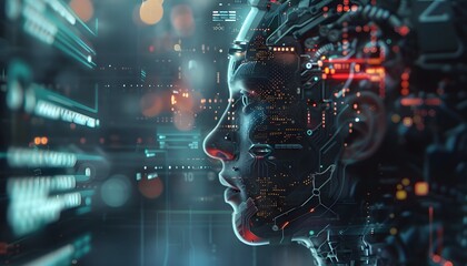 A futuristic digital concept showcasing AI integration in a human-like form, highlighting the blend of technology and humanity.