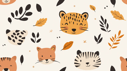 Minimalistic seamless pattern with animal faces and autumn leaves in warm beige and brown tones, creating a cozy and stylish design.