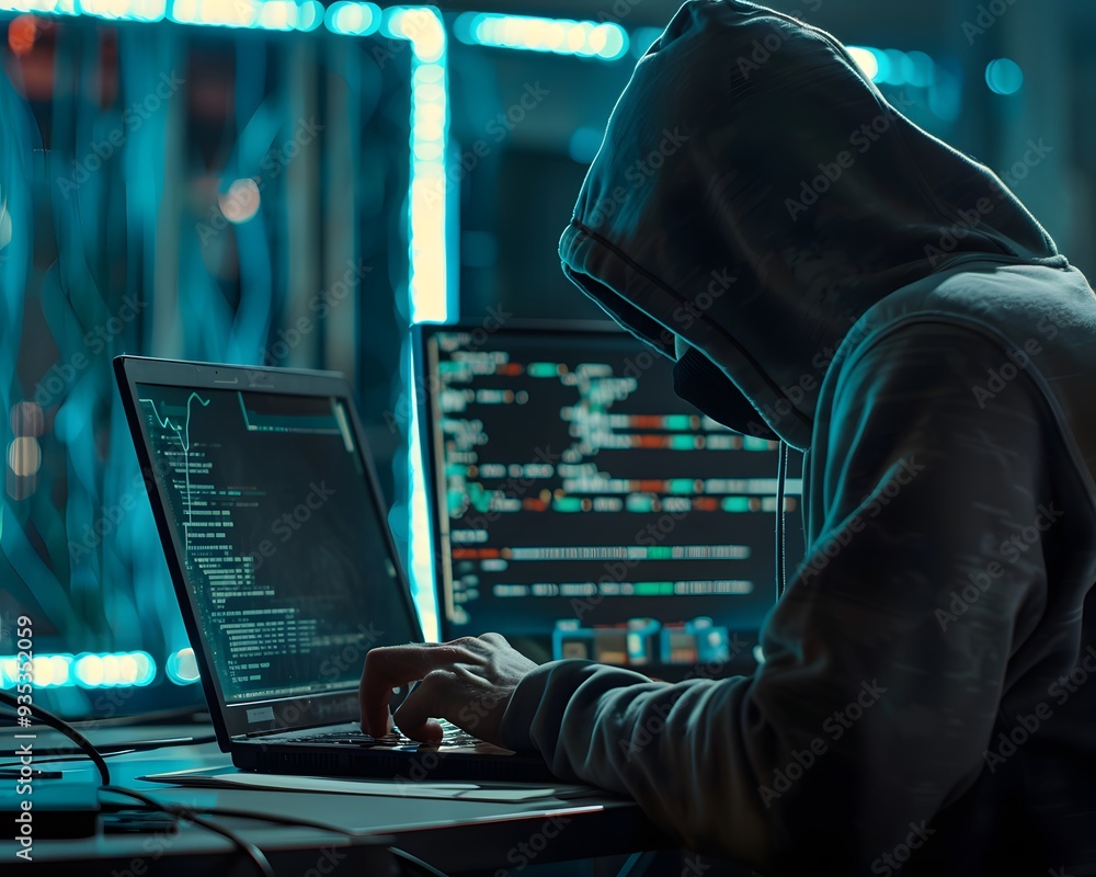 Poster a hooded hacker working on a laptop in a dark room, surrounded by multiple screens displaying code a