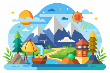 Fototapeta premium Colorful Illustration of a Mountainous Landscape with a Boat on a River