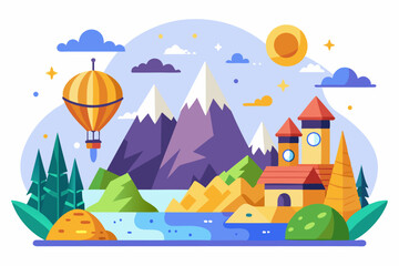A Mountainous Landscape with a Hot Air Balloon, Castle, and Lake