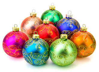 Obraz premium Bunte Christbaumkugeln, Weihnachtsdekoration, freigestellt vor weissem Hintergrund, Generative AI