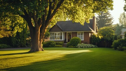 Obraz premium Lovely house front with a tree on a well-maintained lawn, ideal for real estate ads, open copy space