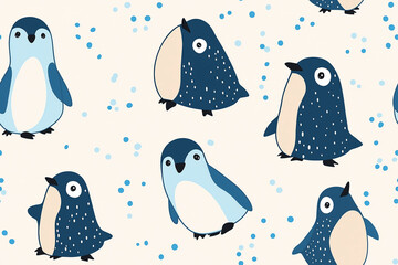 Seamless pattern of adorable penguins with polka dots on a light background, ideal for winter-themed designs, children's products, and festive decor.