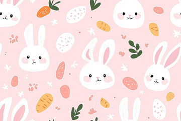 Adorable seamless pattern with bunny faces, carrots, and flowers in soft pastel colors on a light pink background, exuding a gentle and charming vibe.