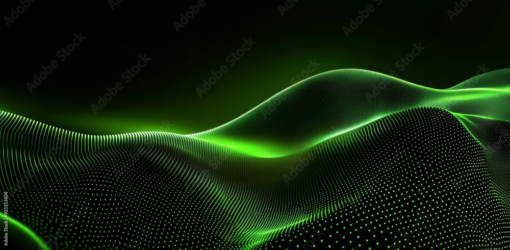 Poster green abstract background with gradient dots and wavy lines