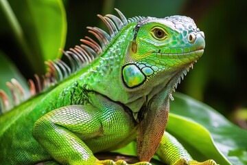 Fototapeta premium Close-up of a vibrant green iguana resting among lush foliage, showcasing its distinctive features and colorful skin.