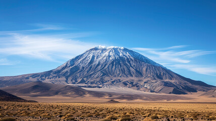 a plateau mountain with a snow-capped flat top under a clear blue sky