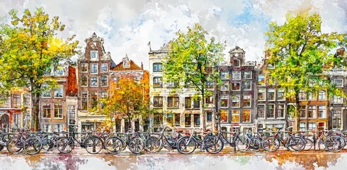 Featuring watercolor scandinavian houses on a white background.