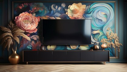 A large widescreen television and a artistic wallpaper