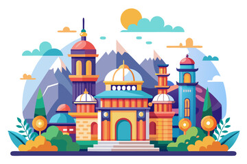 Fototapeta premium Colorful Cityscape with Domed Buildings and Mountains