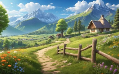 Serene Countryside Landscape with Thatched Cottage, Green Fields