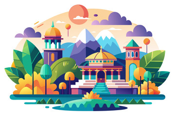 Colorful Illustration of a Palace in a Mountainous Landscape