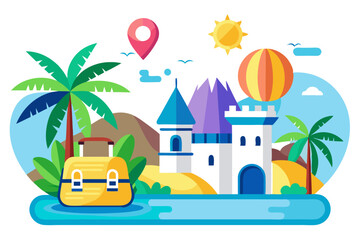 Fototapeta premium Travel Illustration Featuring a Castle, Palm Trees, and a Hot Air Balloon