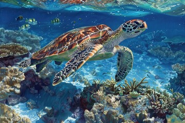 Obraz premium Sea turtle glides over coral reef in a vibrant underwater scene with fish swimming nearby, highlighting marine biodiversity. ai