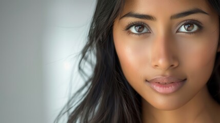Fototapeta premium Headshot. Studio Portrait of Beautiful Asian Indian Woman with Captivating Smile and Expressive Eyes