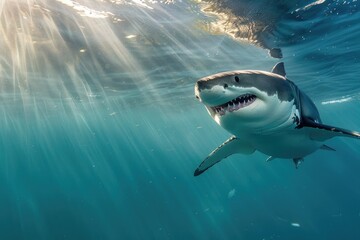 Great white shark swimming underwater with sunlight filtering through the ocean, displaying its...