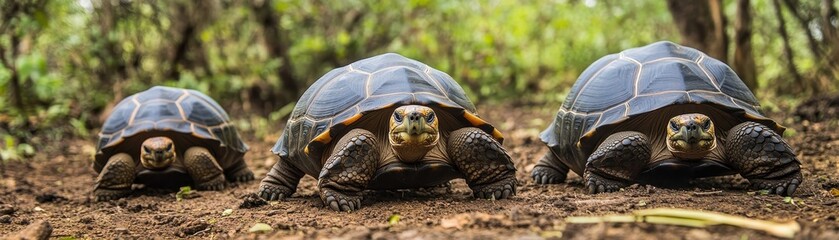 Fototapeta premium Three tortoises walking on the ground in a natural setting. Their unique shells and expressions add charm to the scene.