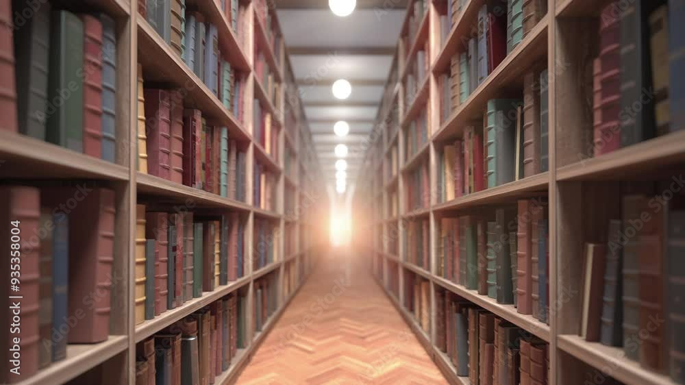 Poster old books on bookshelves in a vintage library. 3d animation