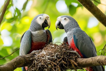 Obraz premium Two beautiful gray parrots perched in a lush green setting, showcasing their vibrant colors and intricate nesting behavior.