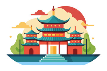 Fototapeta premium A Traditional Chinese Pagoda with a Red Roof and Green Tiles
