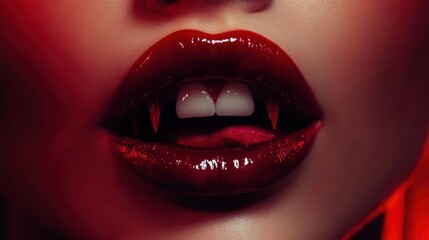 Sexy Vampire Woman lips with blood,Dripping blood on mouth, witches or beast creatures,female lips with fangs,horror holiday monsters,Vampire makeup Fashion Art design,Halloween banner background.