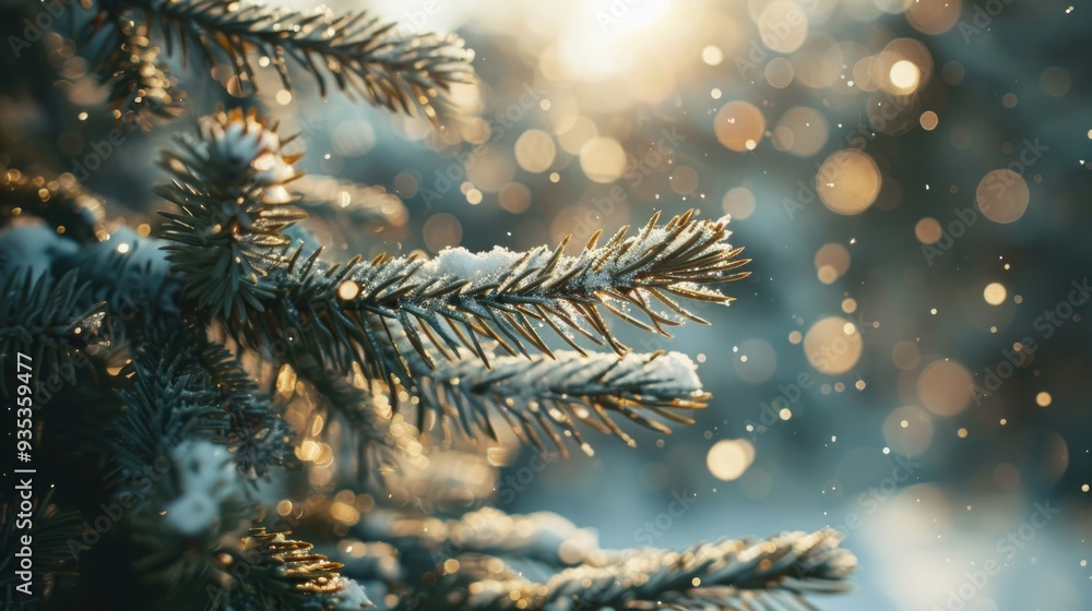 Poster frosted spruce branches adorned with pristine snowflakes shimmer softly in the winter sunlight, show