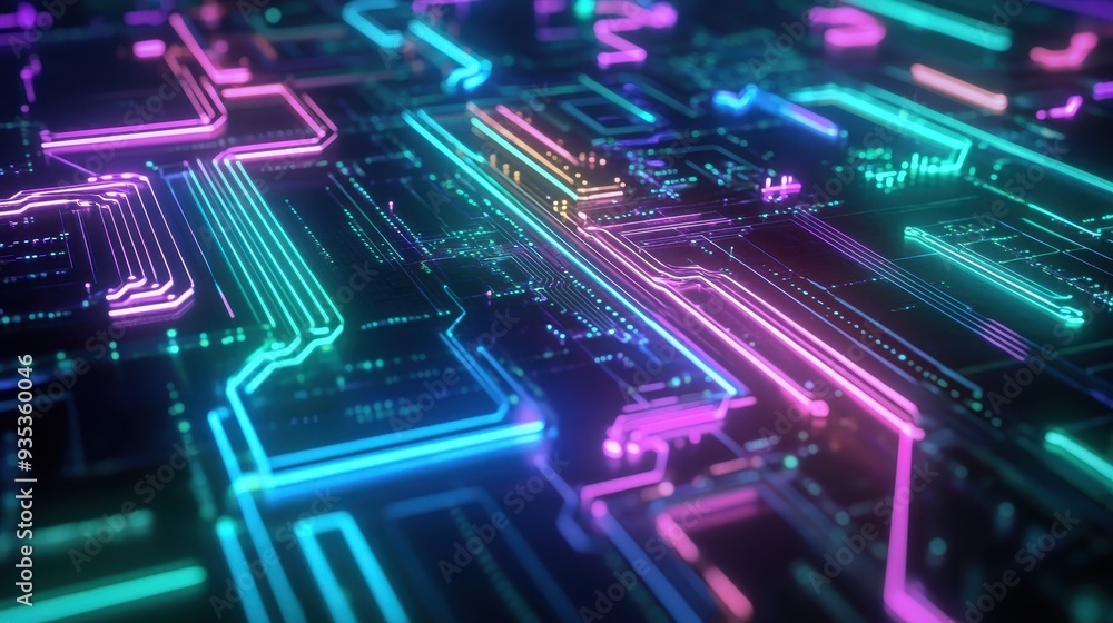 Poster a vibrant, futuristic circuit board design with glowing lines and patterns.